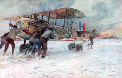 Ground Crew Attending to a French Spad on a Snow-Covered Field, 1918 by Francois Flameng