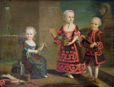 A Group Portrait of a Girl with a Marmoset in a Box, a Girl with a Triangle Sitting on a Magic Lantern and a Boy with a Hurdy-Gurdy by Francois Hubert Drouais