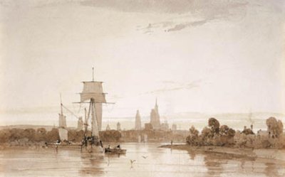View from the Seine towards Rouen Cathedral and City. Morning by Francois Louis Thomas Francia