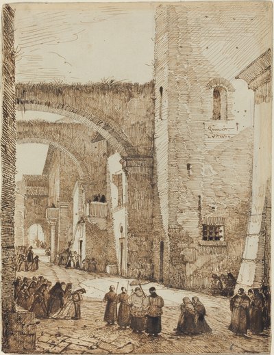 A Priest Processing through a Medieval Street in Viterbo by Francois Marius Granet