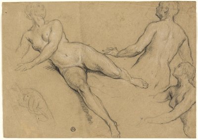 Sheet of Studies: Three Women and a Hand (recto); Sketches of Male Nudes, Heads and Hand (verso) by Francois Marot
