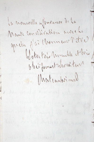 Letter with signature of the writer, written at Frankfurt en route to Chateaubriand