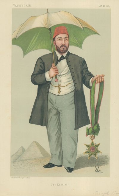 HH Mehemed Tewfik Pasha, Khedive of Egypt, The Khedive, 20 January 1883, Vanity Fair cartoon by Francois Verheyden