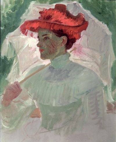 Woman with Red Hat and Parasol by Frank Duveneck