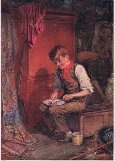 Kit carried a large slice of bread and meat into a corner, and applied himself to disposing of it with great voracity, c.1920 by Frank Reynolds