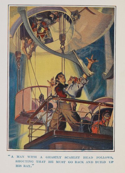 A Man with a Ghastly Head Follows, Shouting That He Must Go Back and Build Up His Ray by Frank Xavier Leyendecker