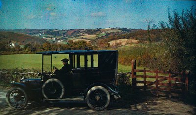 Early color autochrome circa 1916. Man in a car, perhaps the photographer in England by Franklin Price Knott