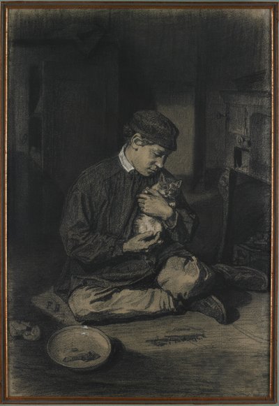 Seated Boy Holding a Cat (recto); Study of Kittens and a Plate of Milk (verso) by François Bonvin