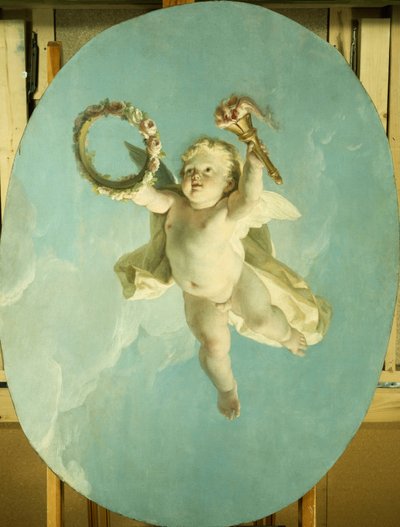 A Putti in Flight Holding a Wreath and a Torch by François Boucher