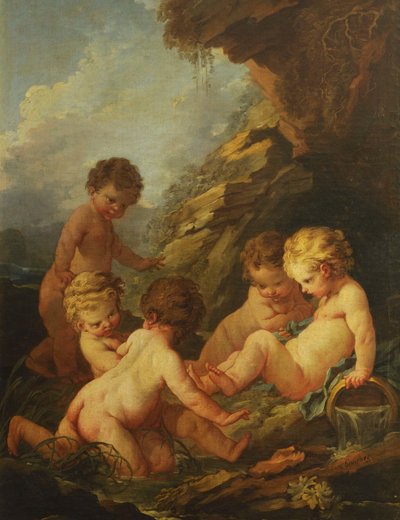 Five Naked Children Playing by a Rocky Pool, 1730-1735 by François Boucher