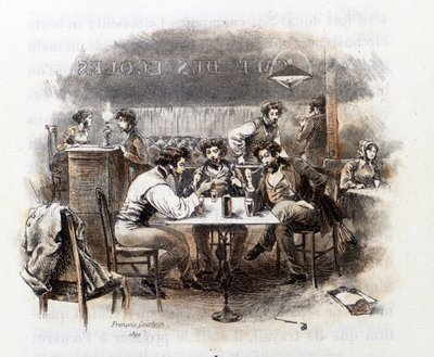 Discussion between students in a Parisian café. Illustration of Profile of grisette new belonging to the Receuil Mimi de Pinson by Alfred de Musset by François Courboin