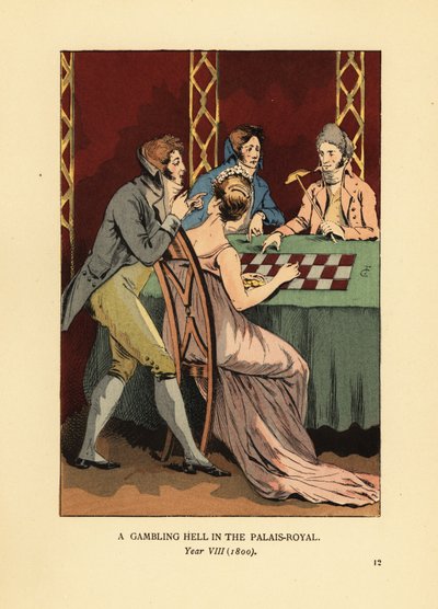 Fashionable Incroyables in high-collar jackets at a gambling table with young woman and croupier. A gambling hell in the Palais Royal, Year VIII by François Courboin