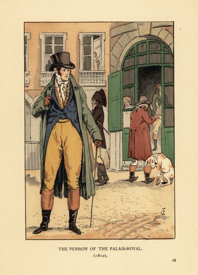 Fashionable Gentleman in Front of the Entrance to the Passage du Perron, Palais Royal. He Wears a Hat, Cravat, Coat, Waistcoat Breeches and Boots. The Perron of the Palais Royal, Paris by François Courboin