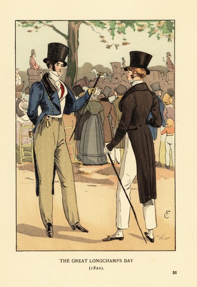 Fashionable Gentlemen in Top Hat and Tails with Canes. At a Big Race Day at Longchamp Racecourse. Crowds of Fashionable People and Carriages. The Great Longchamps Day by François Courboin