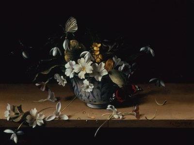 Flowers in a Blue and White Chinese Porcelain Bowl with a Red Admiral Butterfly on a Wooden Ledge by François Habert
