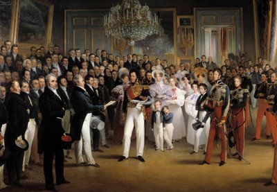 Revolution of 1830: The Chamber of Deputies presents to the Duke of Orleans, Louis Philippe I, the act that calls him to the throne and the Charter of 1830, at the Royal Palace, on 7/08/1830 (detail) by François Joseph Heim