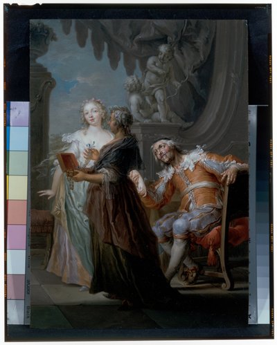 An Elegant Couple with an Old Maid in an Interior by Frans Christoph Janneck