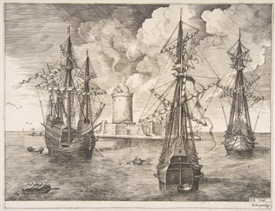 Four-master and Two Three-masters Anchored near a Fortified Island (from The Sailing Vessels) by Frans Huys