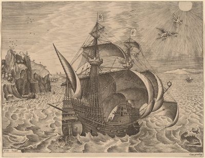 Armed Three-Master with Daedalus and Icarus in the Sky by Frans Huys after Pieter Bruegel the Elder
