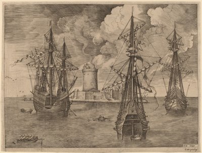 Four-Master (Left) and Two Three-Masters Anchored near a Fortified Island with a Lighthouse by Frans Huys after Pieter Bruegel the Elder