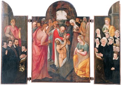 Triptych: The Raising of Lazarus on the Central Compartment with a Kneeling Male Donor, Presented by St. Jacob and His Sons on the Left Wing, His Wife Kneeling, Presented by St. Catharine and Her Daughters on the Right Wing by Frans I Pourbus