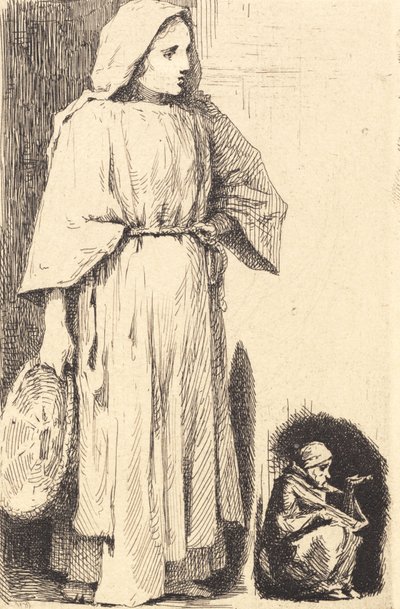 Standing Woman with a Basket. A Small Beggar in the Corner by Frans Schwartz