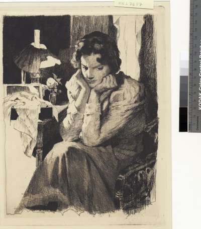 Young Girl by Her Lamp, Supporting Her Head with Both Hands by Frans Schwartz