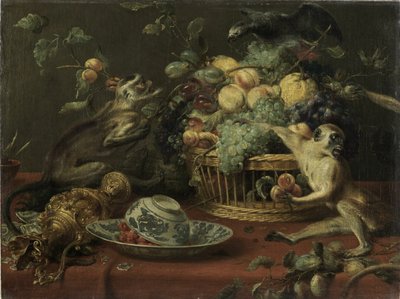 Monkeys and parrot near a fruit basket by Frans Snyders