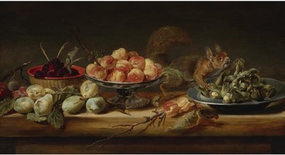 Still Life with Peaches in a Tazza, Hazelnuts on a Pewter Plate, Raspberries in a Basket, with Pears and a Squirrel on a Table by Frans Snyders