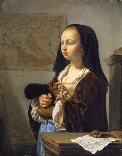 Young Woman with Feather Fan Prepared to Go Out by Frans van Mieris