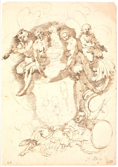 Heraldic Composition: Coat of Arms with Three Inverted Violins, Dog-Crowned Helmet, Surrounded by Two Figures and Two Violin-Playing Putti, All Resting on a Reclining Male Figure (Neptune?) by Frantz Cleyn