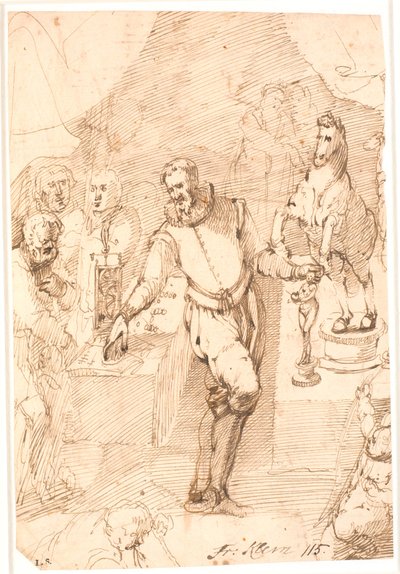 Standing Man in 16th Century Costume, in a Room, Between Two Tables with Sculptures and a Clock, Coins, etc., and Seven or Eight Other People by Frantz Cleyn