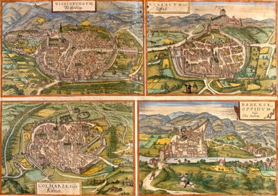Map of Weissenburg in Germany, Rouffach and Colmar in France and Baden in Switzerland by Franz Hogenberg