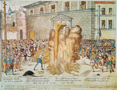 Religious war: execution of the French Protestant magistrate Anne du Bourg (1521-1559) on 23/12/1559 on Place de Greve in Paris by Franz Hogenberg