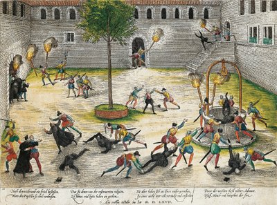 Retaliation by Reformed against ecclesiastics of Nimes, October 1567, engraving by Franz Hogenberg, wars of Religion, France by Franz Hogenberg