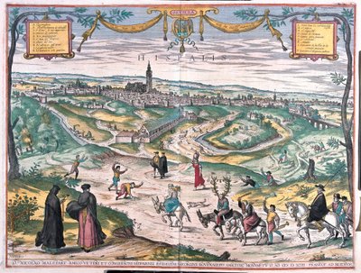 Seville, Spain. With a punishment scene: a procuress or an adulteress, has been smeared with honey and is swarming with bees. The cuckold follows behind, wearing antlers and a string of bells. The procession is accompanied by magistrates (engraving) by Franz Hogenberg