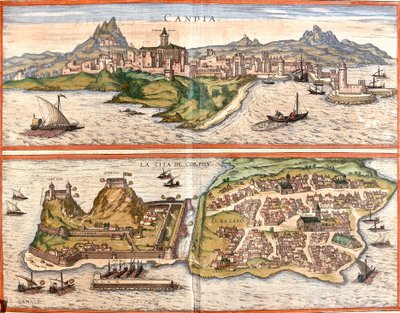 Views of Candia, current Heraklion on the island of Crete and Corfu, Greek island by Franz Hogenberg