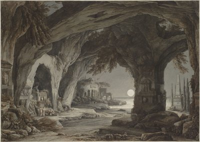Ideal landscape with rock grotto, tombs and ruins in the moonlight, c. 1790 by Franz Innocenz Josef Kobell