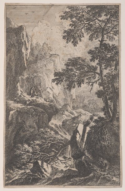 Plate 2: a hunter aiming with his gun, kneeling next to a large rock at right, a man by Franz Joachim Beich