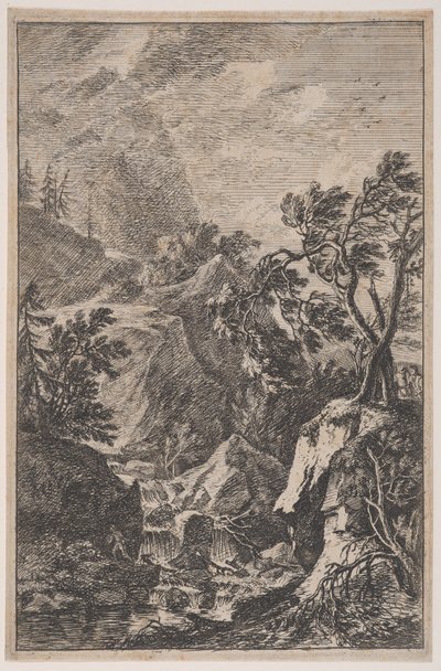 Two Male Figures Standing on a Rock with a Waterfall by Franz Joachim Beich