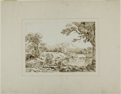 Landscape with River, Distant Hills, and Figures Fishing in Foreground by Franz Kobell
