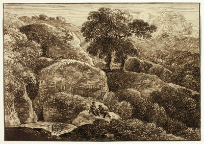 Two Figures Resting on Hillside near Two Trees by Franz Kobell
