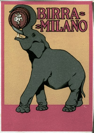 Advertising poster for Milano beer illustrated by Franz Laskoff representing an elephant drinking with its trunk directly from the barrel. 20th century by Franz Laskoff