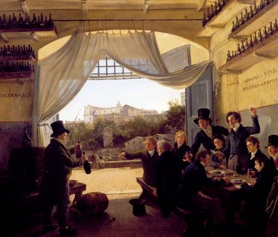 Louis II of Bavaria toasts with friends in the Spanish wine tavern in Rome. 1824 by Franz Ludwig Catel