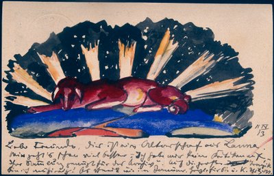 "Altar Sheep from Lana", Franz Marc from Sindelsdorf to Gabriele Münter in Munich: Postcard, Postmark 11.04.1913 von Franz Marc