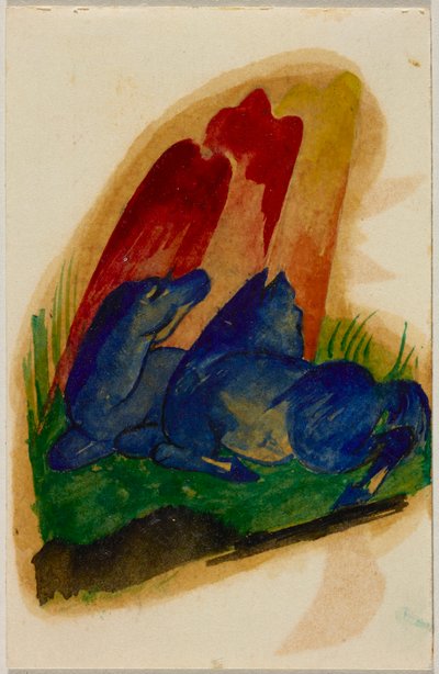 Two Blue Horses in Front of Red Rock, Postcard from Sindelsdorf to Wassily Kandinsky in Munich von Franz Marc