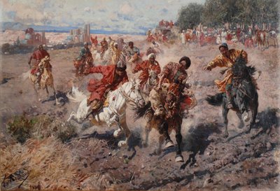 Cherkess Celebrating the End of Muharram with the Equestrian Sport of the Dash for the Prize Lamb by Franz Roubaud