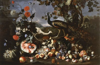 A Peacock and a Penhen with Fruit and Flowers in a Park by Franz Werner Tamm