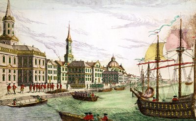 Disembarking of the English Troops at New York, 29th June 1776 (coloured engraving) by Franz Xaver Habermann
