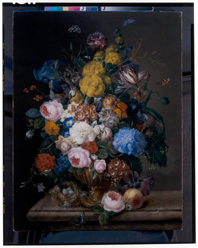 Roses, Irises, Carnations, Tulips and Other Flowers in a Bronze Urn by Franz Xavier Petter